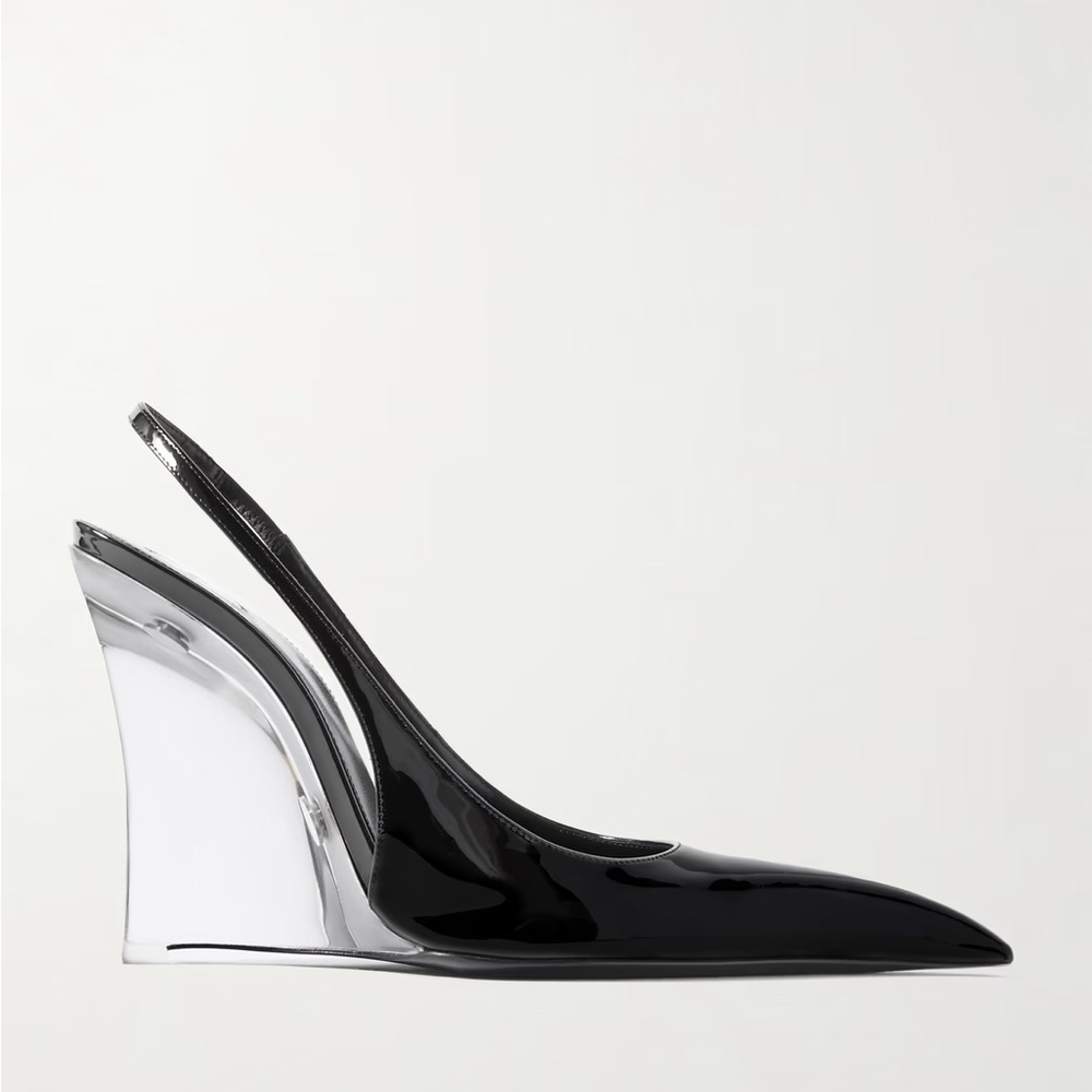 Black Patent Slingback Wedge Pumps